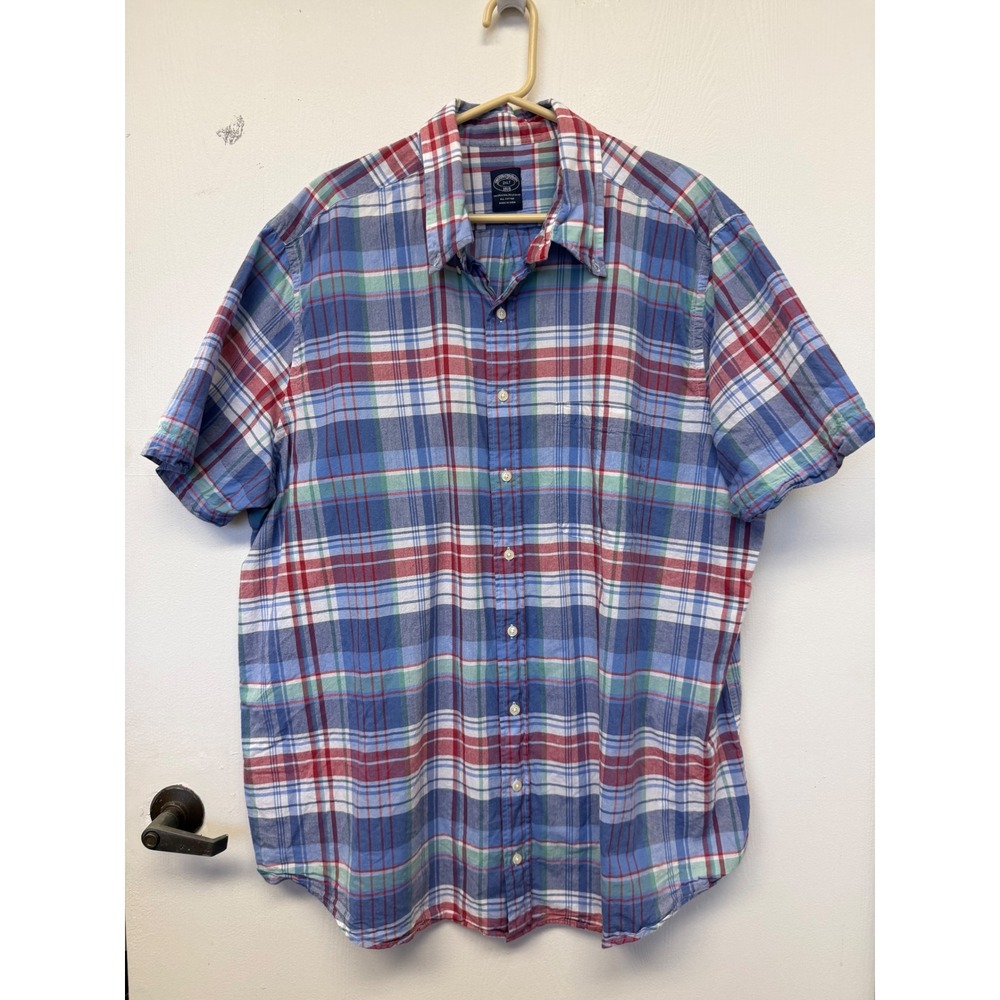 Brooks Brothers Mens 2XLT Blue Red Plaid Short Sleeve Button Down Cotton Shirt